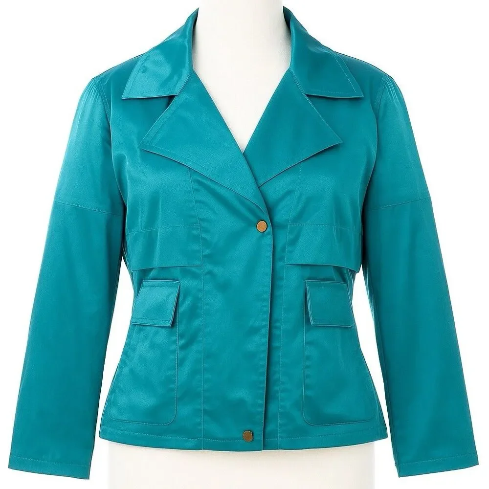 NWT Carlisle Satin Utility Jacket Teal Blue Short Zip Pockets Structured Sz 6